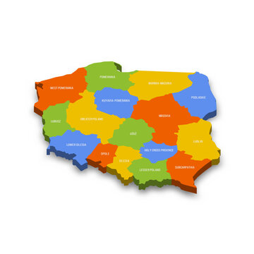 Fototapeta Poland political map of administrative divisions - voivodeships. Colorful 3D vector map with country province names and dropped shadow.
