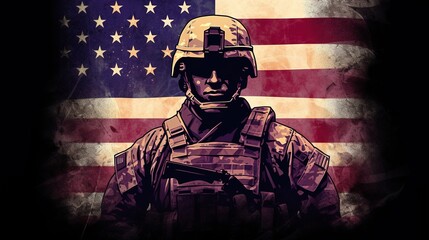 Army solider with USA flag, Generative ai.