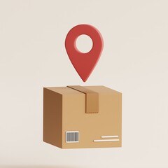 Package location icon. cardboard with sign location. 3d render illustration.