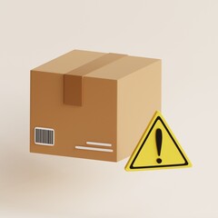 Delivery package box with warning sign. Box, package, parcel sign. Minimalism concept. 3d render illustrtion.