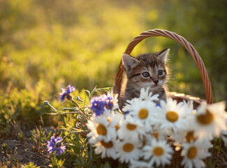 Photo of a small kitten in a basket with daisies and cornflowers.