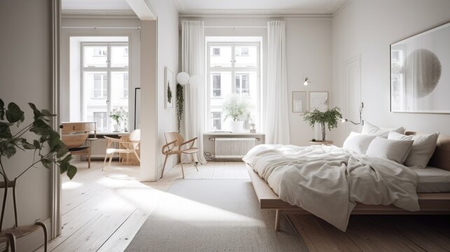 Master bedroom of a Scandinavian modern apartment. Bright and airy, with light wooden floors and minimalist decor. Generative AI