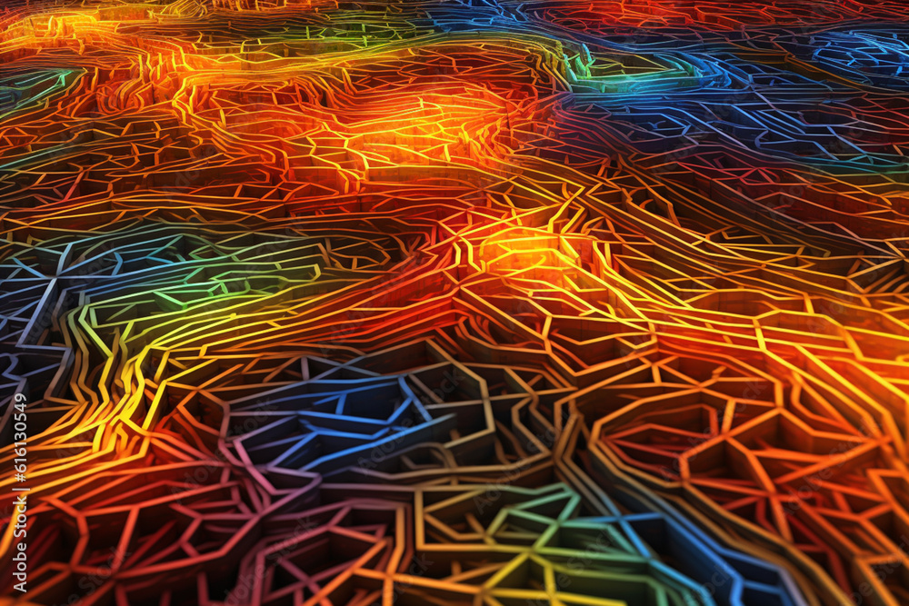 Aufkleber an abstract portrayal of olmec trade routes, with intersecting lines and vibrant colors. generative 