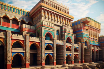 An abstract depiction of Ancient Assyrian palaces, with bold geometric shapes and vibrant colors.  Generative AI technology.