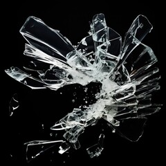 cracked glass object on black background, smashed glass texture, shards of broken glass on black...