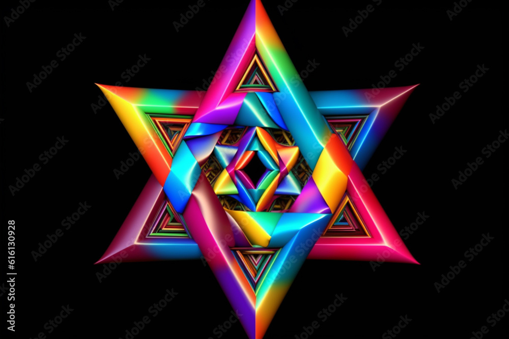 Poster An abstract depiction of the Star of David, with intersecting geometric shapes and a vibrant color palette. Generative AI technology.