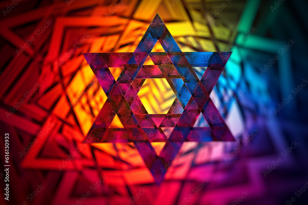 Aufkleber an abstract depiction of the star of david, with intersecting geometric shapes and a vibrant color p