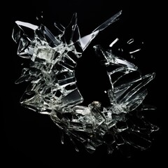 cracked glass object on black background, smashed glass texture, shards of broken glass on black...