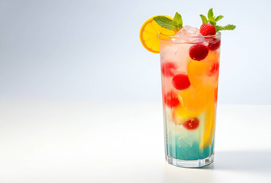 Fruity non-alcoholic cocktail, with ice, fruits, and strawberries. In glass. AI generation