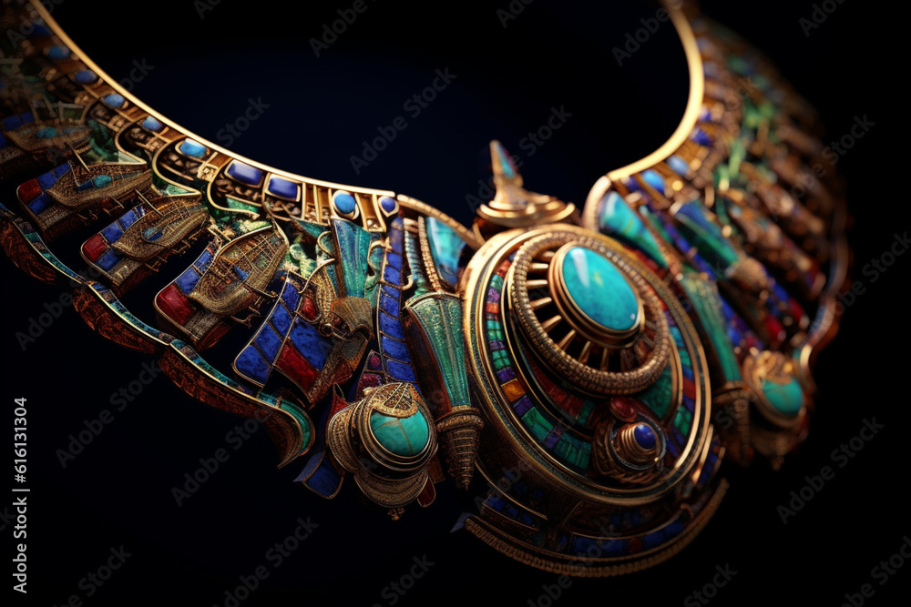 Poster an abstract depiction of phoenician jewelry, with intricate patterns and shimmering colors. generati