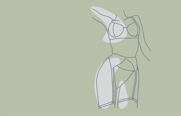 Girl line art on a green background. Fitness model with gray shape. Minimal fashion design. Vector outline illustration