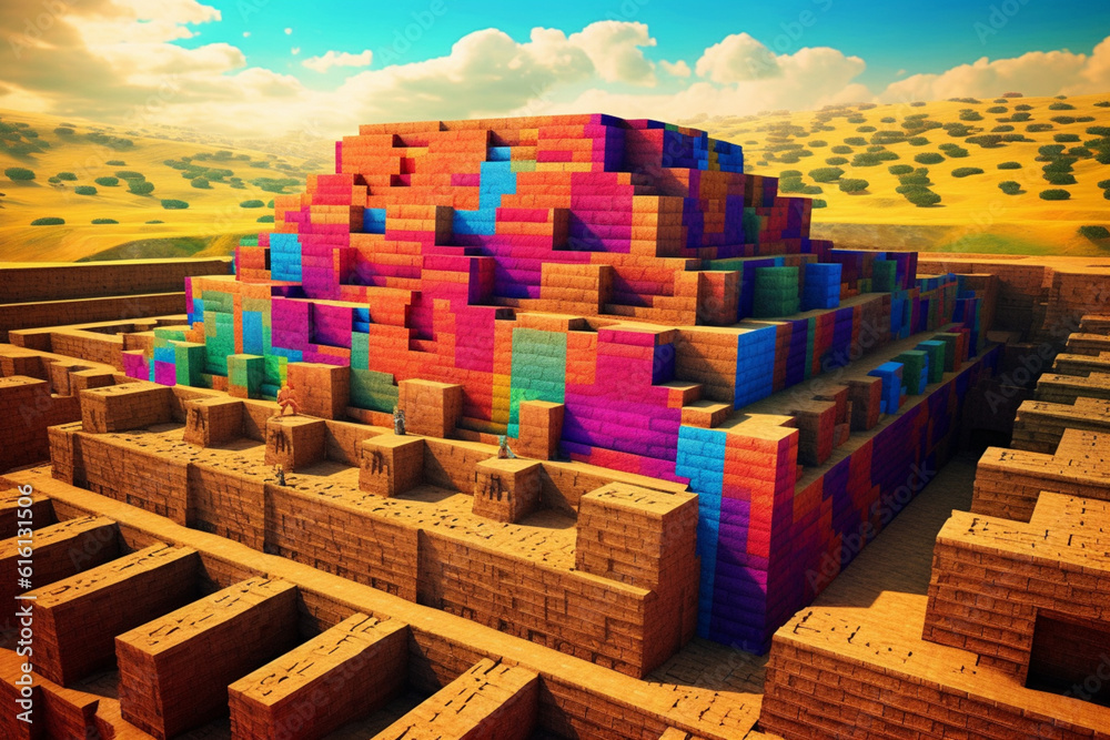 Poster An image featuring an abstract representation of a Hittite citadel, with geometric patterns and fortified structures.  Generative AI technology.