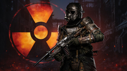 Post-apocalyptic soldier, protected by a unique suit, stands against a backdrop of a nuclear safety sign. He carries a conceptual rifle, a symbol of survival in a radioactive wasteland