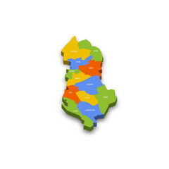 Albania political map of administrative divisions - counties. Colorful 3D vector map with country province names and dropped shadow.