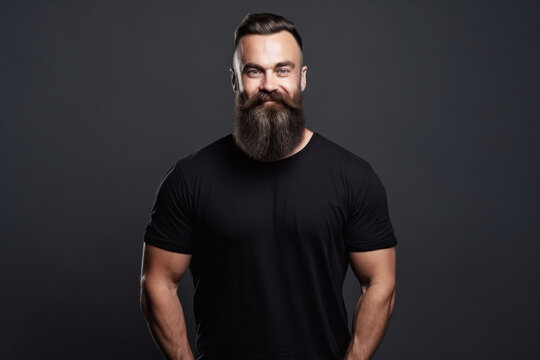 Stylish man with long beard in black t-shirt on dark background, mock-up for design, Generative AI