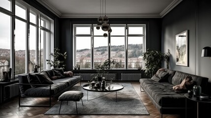 An elegant and masculine interior space, perfect for a bachelor who values a dark, monochromatic palette. Generative AI