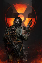 Fototapeta premium Soldier in futuristic armor, made for shielding against radiation, holds a conceptual rifle amidst blazing atmosphere. Backdrop features a massive sign of nuclear protection in a world ravaged by war