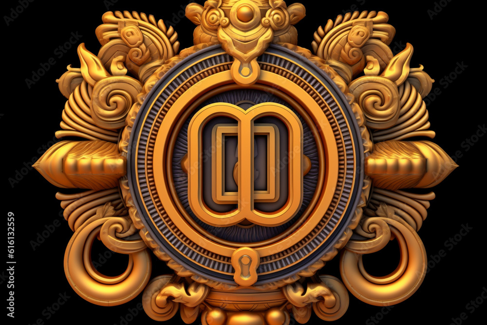 Poster an abstract depiction of the gupta dynasty symbol, with interlocking geometric shapes and vibrant co