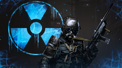 Soldier stands against a backdrop of a massive nuclear protection sign in cold, signaling a world...