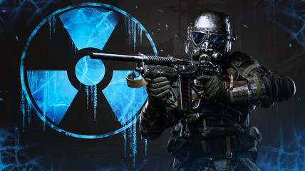 Post-apocalyptic soldier stands in a frigid, icy environment holding a conceptual rifle and helmet, encased in unique armor designed for protection against the aftermath of a nuclear winter