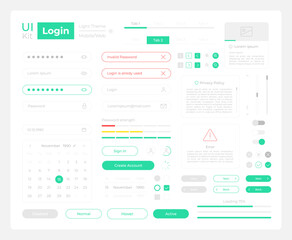 Login procedure UI elements kit. Security isolated vector components. Flat navigation menus and interface buttons template. Web design widget collection for mobile application with dark theme