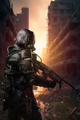 Post-apocalyptic world, a soldier wearing unique anti-nuclear armor stands with a conceptual rifle amidst the ruins of a city destroyed by nuclear war