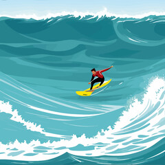 man surfing big waves ocean illustration