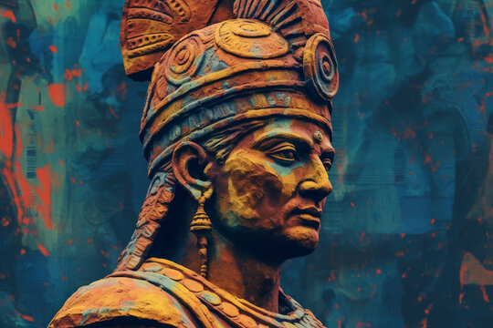 An abstract interpretation of Chandragupta Maurya, the founder of the Maurya Empire, with strong contours and regal colors. Generative AI technology.