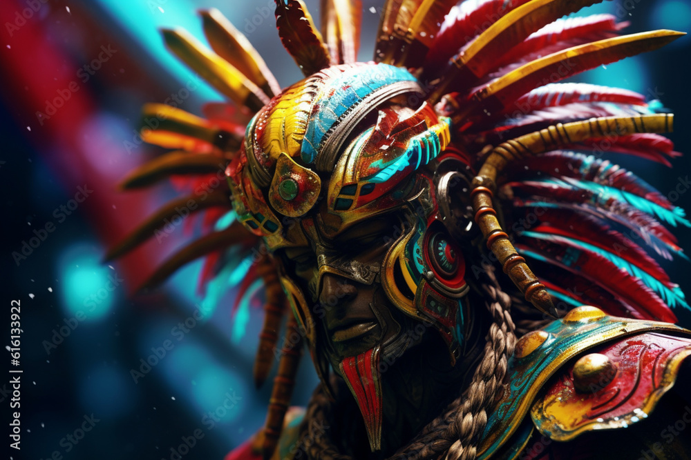 Poster An abstract representation of a Kushan warrior, with dynamic lines and fierce colors. Generative AI technology.