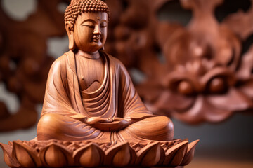Detail of wooden Tathagata Buddha sitting in lotus position statute, dark dimmed background, Generative AI