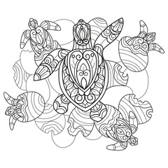 Sea turtle and baby hand drawn for adult coloring book