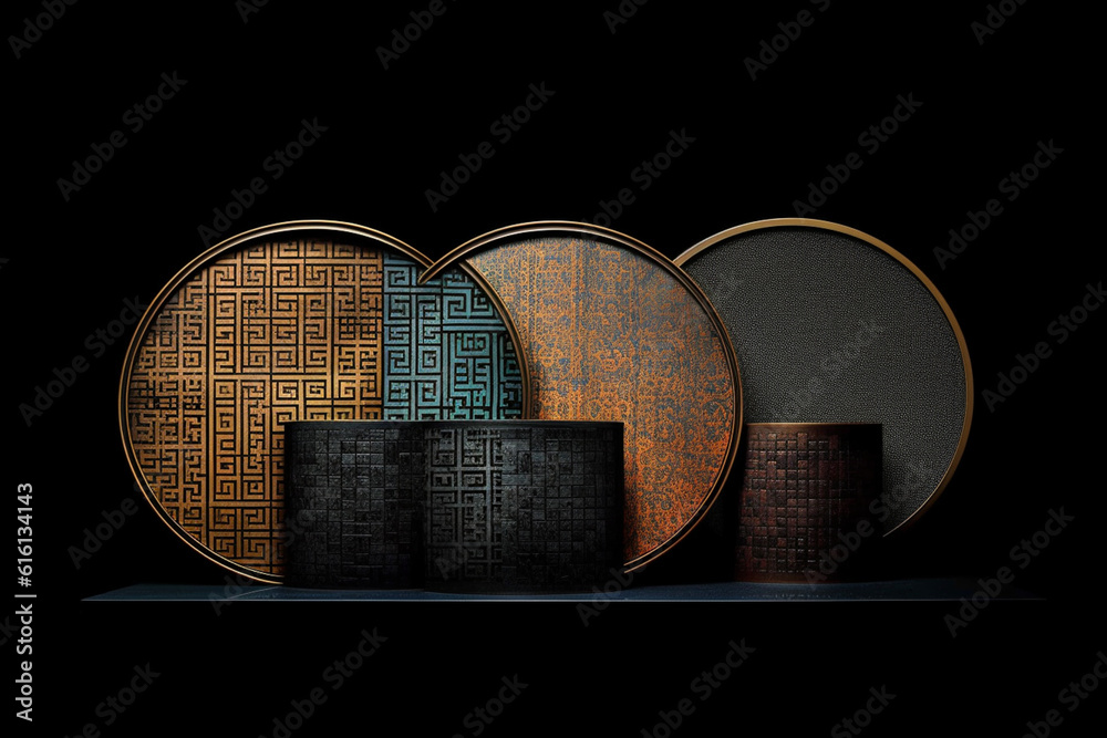 Poster An abstract interpretation of Shang bronze mirrors, with intricate engravings and reflective surfaces. Generative AI technology.