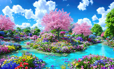 Paradise garden full of flowers, beautiful idyllic background with many flowers in Eden. Generative Ai. - obrazy, fototapety, plakaty