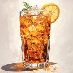 a glass of cold iced tea with lemon garnish - obrazy, fototapety, plakaty