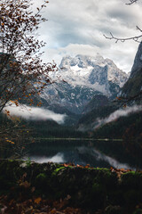 Autumn shot of the Gosausee framed with orange-yellow trees with Alps in the background