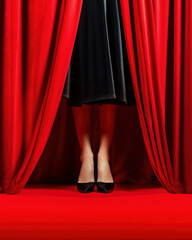 Women's legs in high-heeled shoes on stage in an opening behind red velvet curtains.billboard.artificial intelligence,Neural network, AI , ai-generated , generated ,Ai generated , illustration