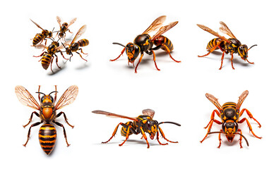 Asian hornet on white background - insect, close-up, macro, isolated, yellow and black, AI generated