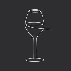 Wine glasses vector one line continuous drawing. illustration. Hand drawn linear silhouette. Minimal design element for print, banner, card, wall art poster, brochure, white icon on black background.