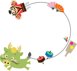 凧揚げをしながら走るかわいい辰年の龍と正月遊びのフレーム