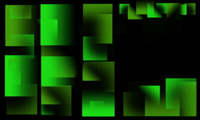 Different sizes of overlapping neon green squares on a black background