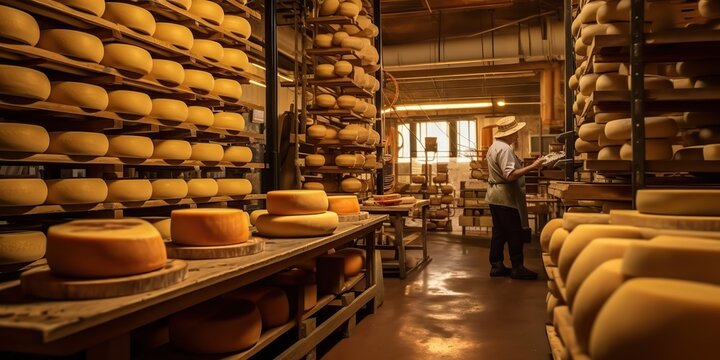 AI Generated. AI Generative. Cheese making factory warehouse storage fresh food meal goat cow product. Graphic Art