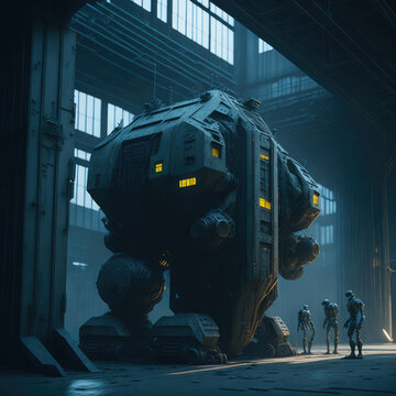 Industrial Futuristic Sci-Fi Hangar, Making Humanoid Robots Synth, Technology Science Fiction, Generative AI