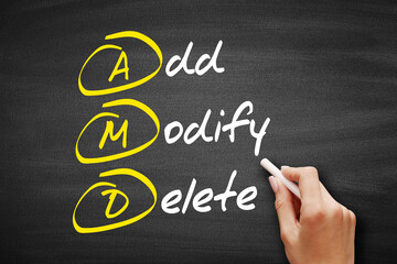 Obraz premium AMD - Add, Modify, Delete, acronym business concept on blackboard