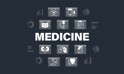 Medicine word concept design template with icons. Infographics with text and editable white glyph pictograms. Vector illustration for web banner, presentation. Montserrat font used