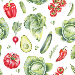 Watercolor vegetables seamless pattern, background illustration, Farm Healthy Food, Vegan. tomato, zucchini, green peas, pepper, sweet pepper, hot pepper, radish, avocado, cucumber, thyme, cabbage