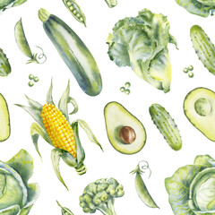 Watercolor vegetables seamless pattern, background illustration, Farm Healthy Food, Vegan. Zucchini, lettuce, green salad, green vegetables, corn, green peas, cucumber, broccoli, cabbage, avocado