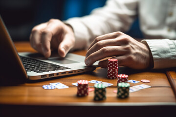 Fototapeta premium a person using a computer or mobile device to access an online gambling platform and placing bets Generative AI