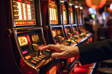 a person pulling the lever or pressing buttons on a slot machine in a casino setting Generative AI - obrazy, fototapety, plakaty
