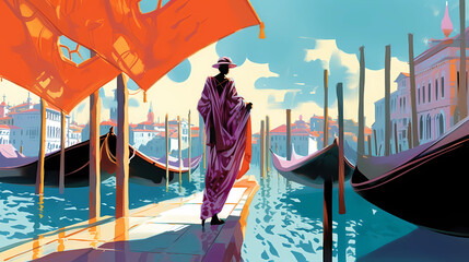 Illustration of the beautiful city of Venice. City of gondoliers, bridges, carnivals and love. Italy - obrazy, fototapety, plakaty