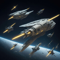 Obraz premium Spacecrafts Ready for battle, War Of Worlds, Stars And Planets, Deep Space, Alien Invasion, Generative AI